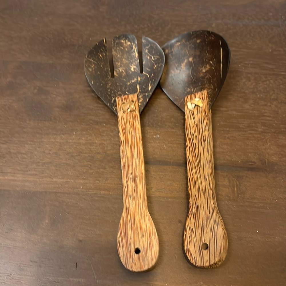 Coconut Shell Salad Spoon & Spork With Wooden Handle